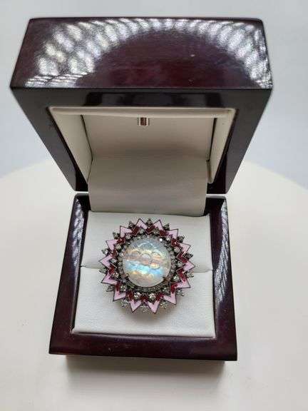 Extremely fine Victorian natural opal in center, diamonds ring on silver