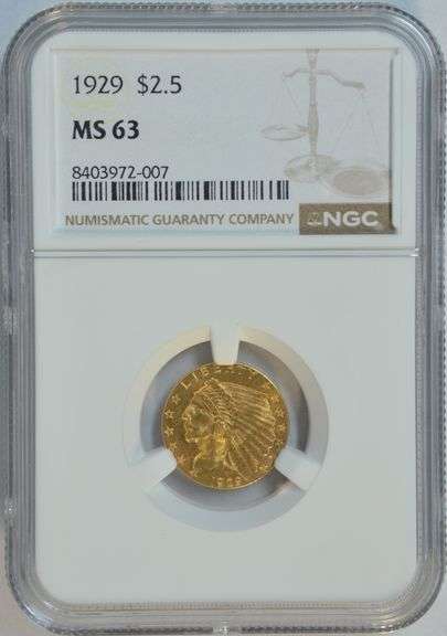 Very Choice BU 1929 $2.50 Indian Gold Piece. PCGS MS63
