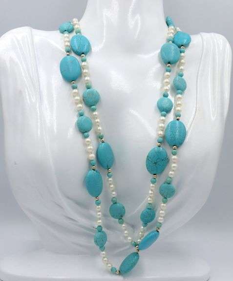Oval Composite turquoise, pearl and gold bead two row necklace