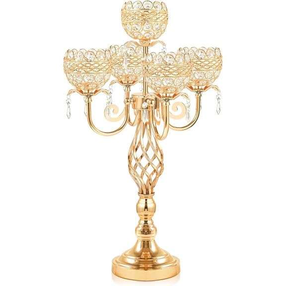 Gold Candelabra Centerpiece with Crystal Pendants