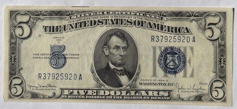 $5 Uncirculated 1934 D Silver Certificate