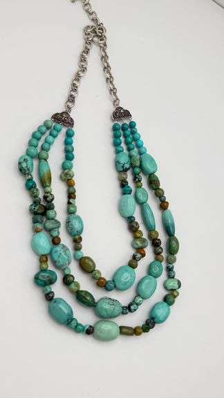 925 Sterling Silver Vintage Three Strand Turquoise Necklace