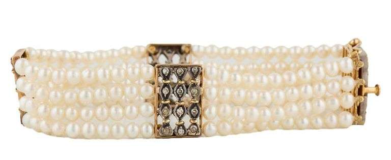 Vintage Seed Pearl and Diamond Multi Row Station Strand Bracelet in 18K