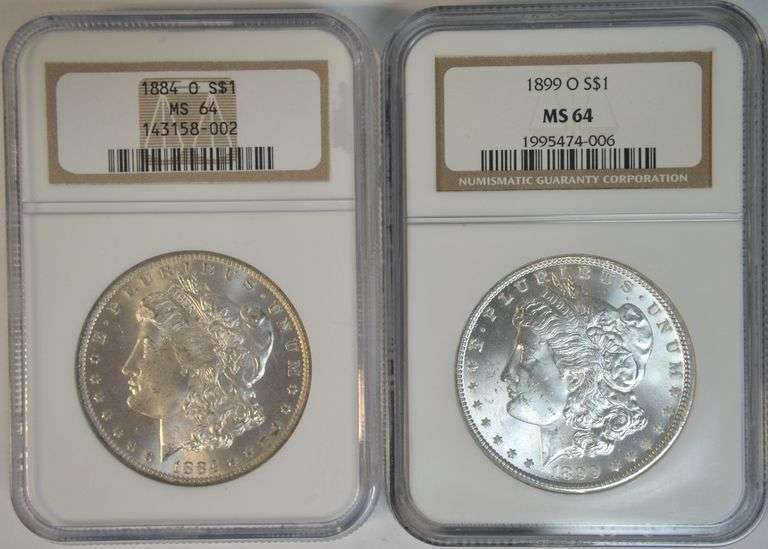 Frosty-white 1884-O & 1899-O Morgan Silver Dollars. NGC MS64