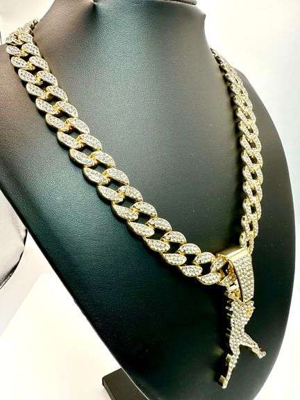 Huge World Series 114.5 Gram 14 Kt Gold Plated Simulated Diamond  Baseball Chain Pendant cklace