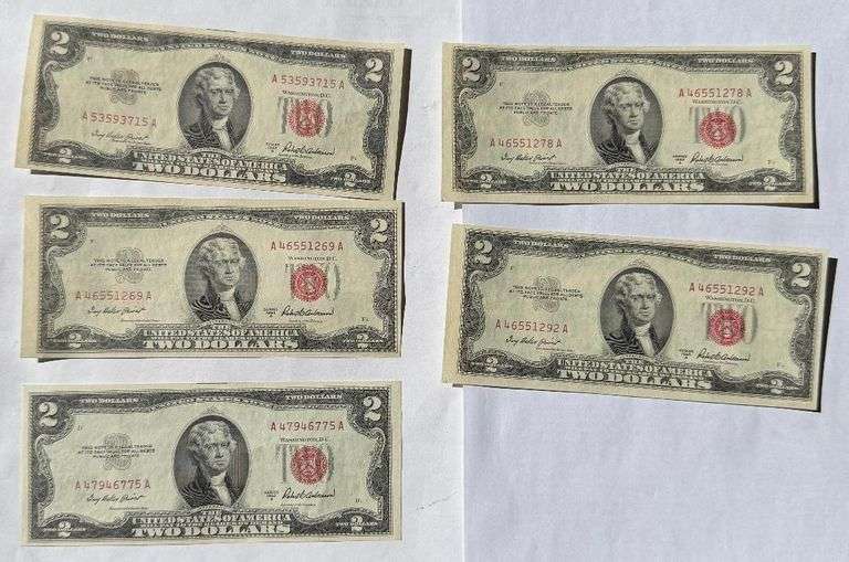 Five Uncirculated 1953 A $2 Red Seal US Notes