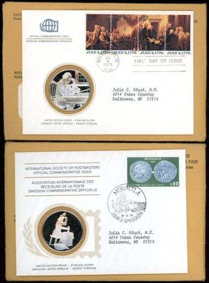 4 Different 1976 Internation Society of Postmasters Silver Medallic First Day Covers in Original Env