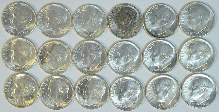 Partial Gem BU roll of 18 1946 Roosevelt Dimes.