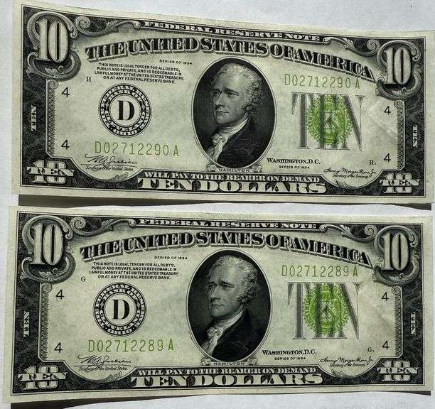 Two Fresh $10 Unc Consecutive 1934 Fed Reserve Notes