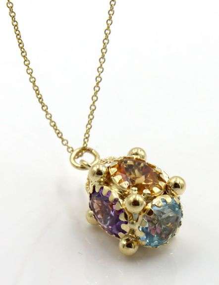 14kt Yellow gold multi gemstone Lantern style pendant on chain