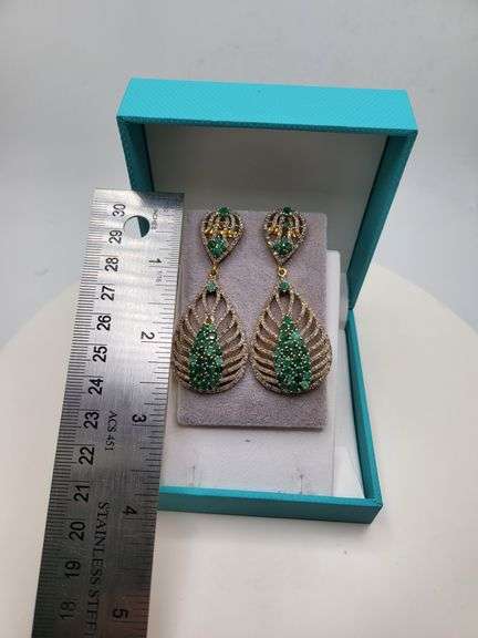 Very high quality hand made emerald and diamonds on silver earrings
