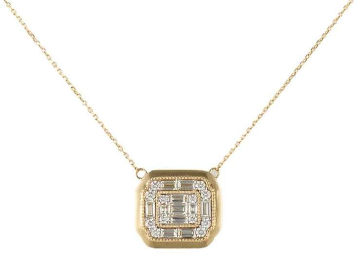 New 0.83ctw Baguette and Round Diamond Mosaic Pendant Necklace in 14K