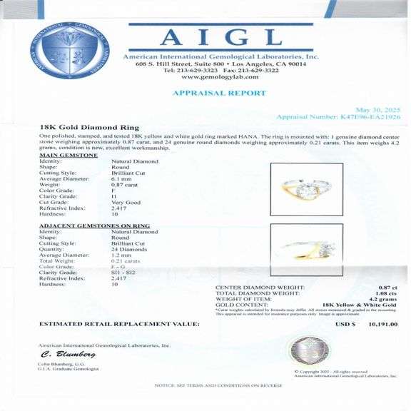 18K WHITE AND YELLOW GOLD I CLARITY DIAMOND RING 1.08 C.T.W.