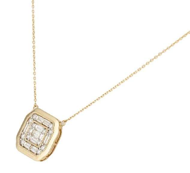New 0.83ctw Baguette and Round Diamond Mosaic Pendant Necklace in 14K