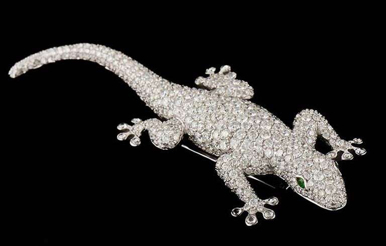 11.80ctw Rose Cut Diamonds and Tsavorite Lizard Pin Brooch in 14K