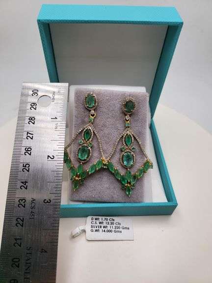 Very high quality hand made emerald and diamonds on silver earrings