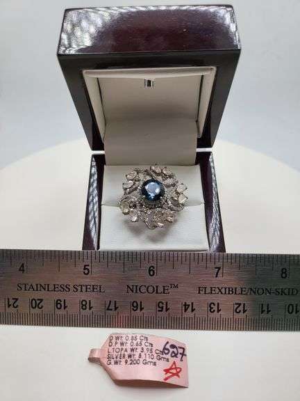 Extremely fine Victorian natural blue topaz in center and diamonds ring on silver