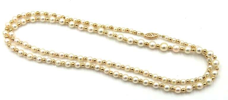 4.5-5mm pearl and gold ball necklace in yellow gold