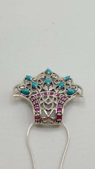 925 Sterling Silver Filigree Design Turquoise And Red Stone Details Necklace