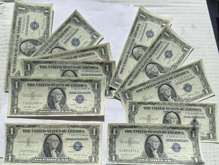 Ten 1935 E Slider $1 Silver Certificates..