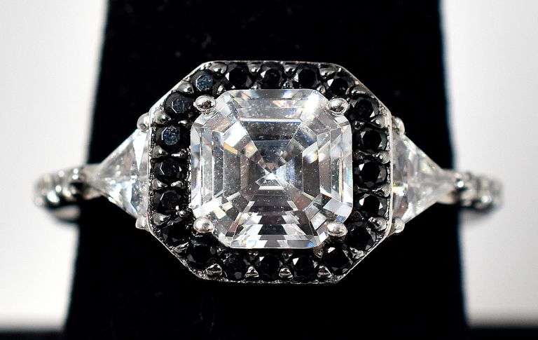 CZ Gemstone and Black Spinel Gemstone Ring in Sterling Silver