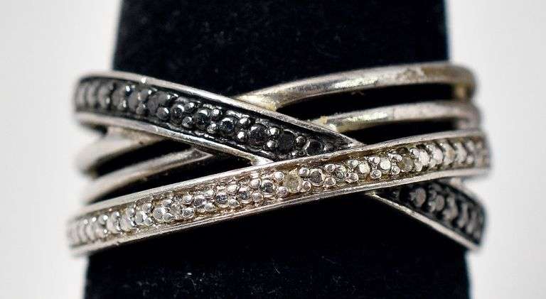 Blue and White Diamond Band Ring in Sterling Silver