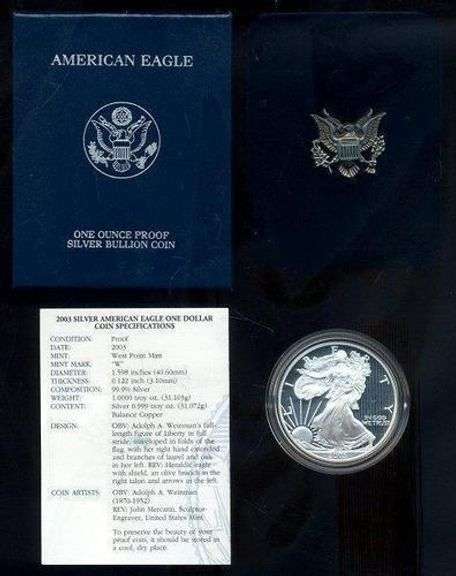 3 Different Proof Silver Eagles in Box w/CoA: 2003, 2004, 2008