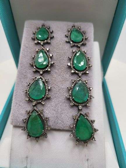 Very high quality hand made emerald and diamonds on silver earrings