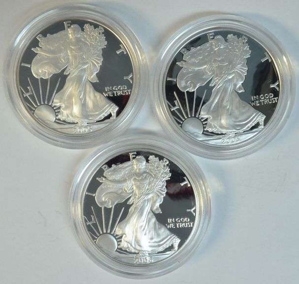 2003, 2005, & 2006 Gem Ultra Cameo Proof $1 Silver Eagles in boxes (no certs)
