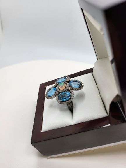Extremely fine Victorian natural  4 blue topaz and diamonds ring on silver