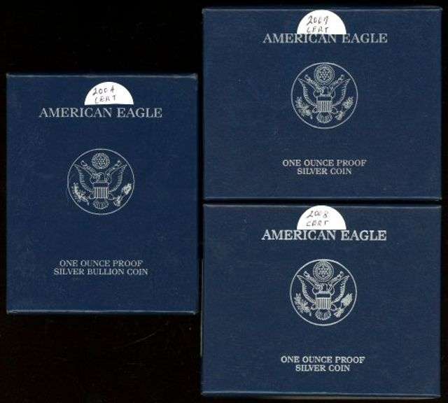 3 Different Proof Silver Eagles in Box w/CoA: 2004, 2007, 2008
