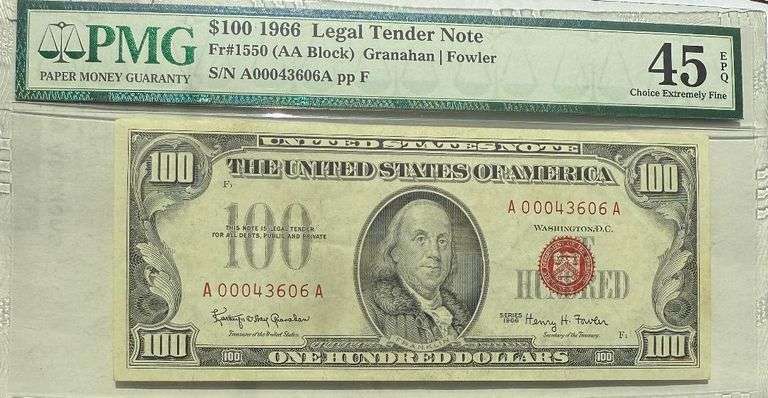 $100 Red Seal 1966 US Note PMG 45 EPQ Choice Extremely Fine