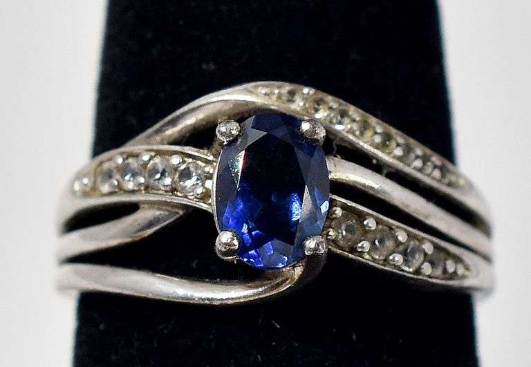Blue Sapphire and CZ Gemstone Ring in Sterling Silver