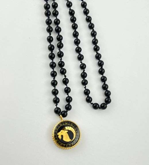 18KT Gold Plated Persian Army Winged Lion Pendant With Long black Onyx Beads Necklace