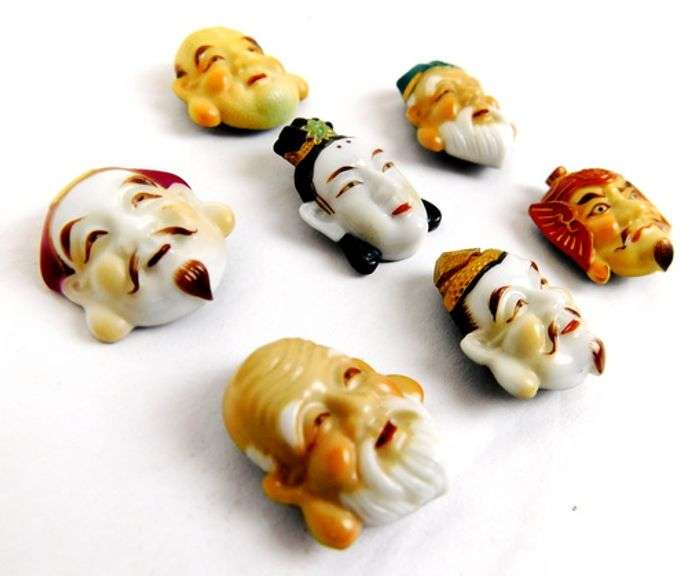 Vintage Japanese Porcelain Buttons, 7 Gods of Fortune