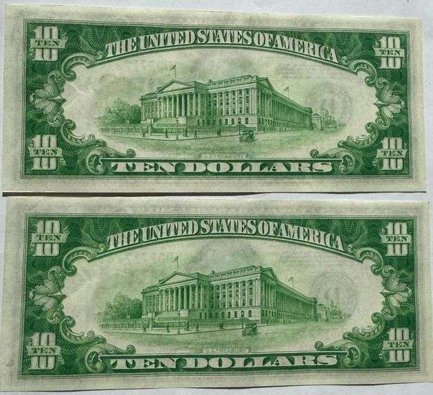 Two Fresh $10 Unc Consecutive 1934 Fed Reserve Notes