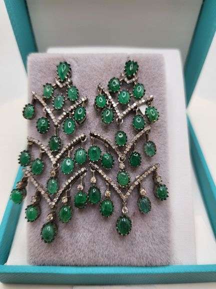 Very high quality hand made emerald and diamonds on silver earrings