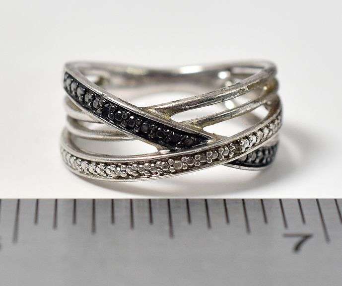 Blue and White Diamond Band Ring in Sterling Silver