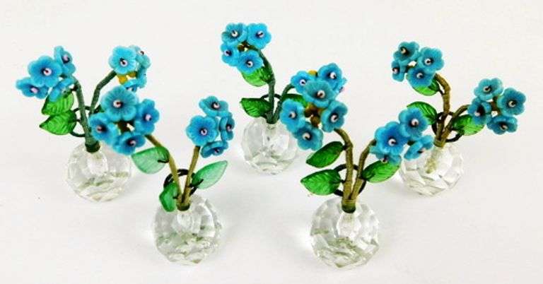 5 Antique Czech Glass Forget-Me-Not Place Card Holders