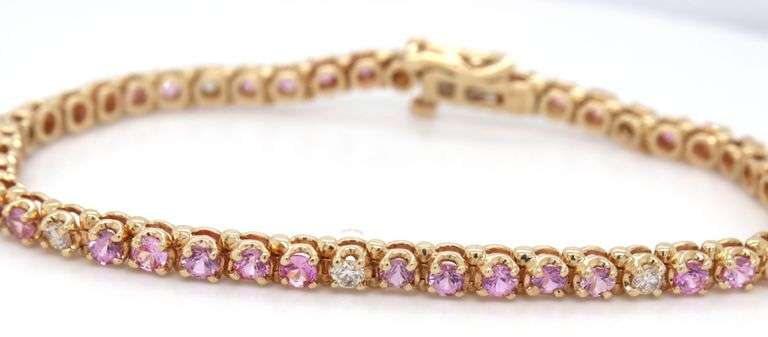 14kt Yellow gold pink sapphire and diamond tennis bracelet