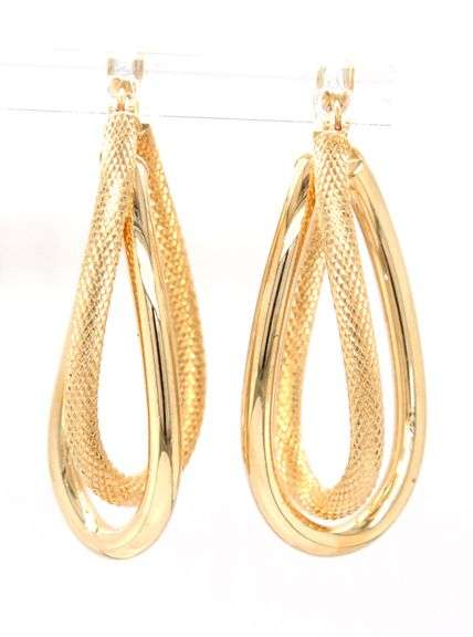 14kt Yellow gold high polish textured double twisted hoop earrings