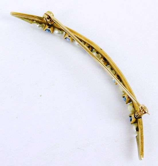 Antique 14K Gold Blue Topaz & Pearls Moon Brooch