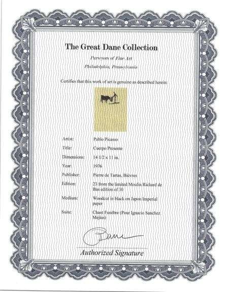 Rare Pablo Picasso Woodcut on Japon Imperial Paper from Chant Funèbre pour Ignacio Sánchez Mejías, 1