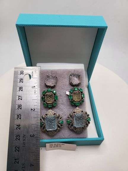 Hand made emerald and diamonds with 25ctw of hand carved topaz on silver earrings