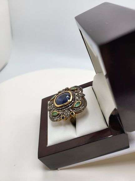 Extremely fine Victorian natural sapphire in center and emeralds, diamonds ring on silver