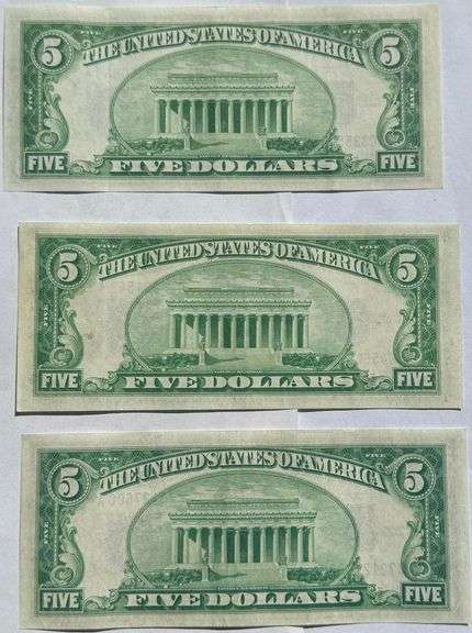 Three  Clean AU/ Unc $5 1934  Silver Certificates.