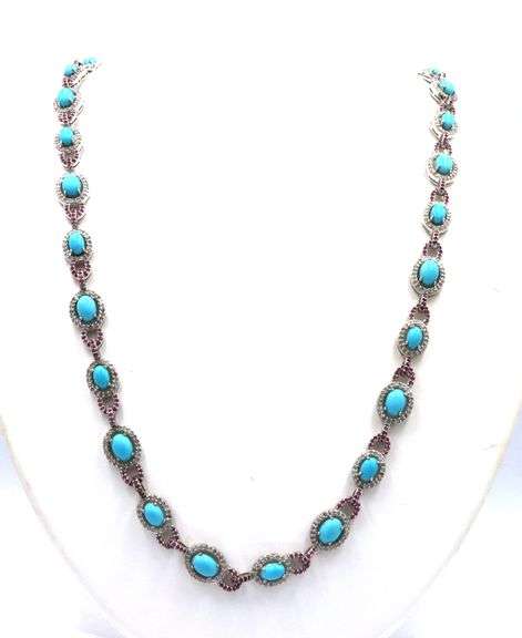 Inspiring 21.15CTW Oval Cabochon-Cut Turquoise, 4.25CTW Single Cut Faceted Rubies & 4.25CTW Diamond 