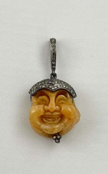Sterling Silver Laughing Buddha Jadeite Jade Pendant With Diamond