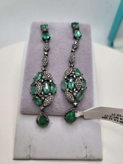 Very high quality hand made emerald and diamonds on silver earrings