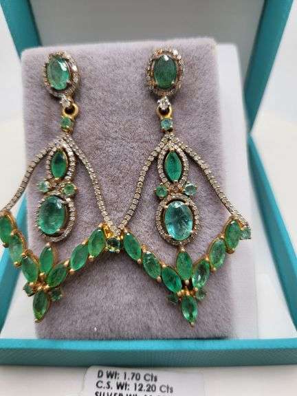 Very high quality hand made emerald and diamonds on silver earrings